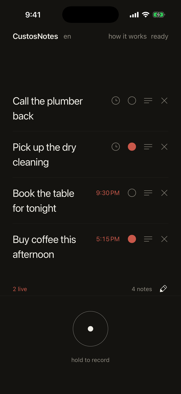 CustosNotes in dark mode: warm black background with cream text